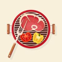 Portable round barbecue with grill sausage, beef steak, fried meat vegetables isolated on background. BBQ device for picnic, family party. Barbeque icon. Cookout event concept Vector flat illustration