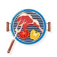 Portable round barbecue with grill ribs, beef steak and vegetables isolated on white background. BBQ device for picnic, family party. Barbeque icon. Cookout event concept. Vector flat illustration