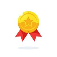Gold medal with star, red ribbon for first place. Trophy, winner award isolated on background. Golden badge icon. Sport, business achievement, victory concept. Vector illustration. Flat style design