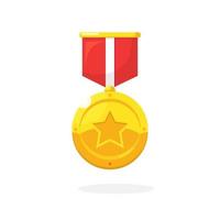 Gold medal with star, red ribbon for first place. Trophy, winner award isolated on background. Golden badge icon. Sport, business achievement, victory concept. Vector illustration. Flat style design