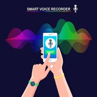 Sound audio gradient wave from equalizer. Cellphone with microphone icon on screen. Mobile phone app for digital voice radio record. Music frequency in color spectrum. Vector flat design