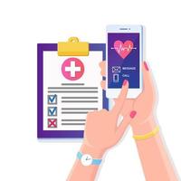 Call doctor, ambulance. Hand hold mobile phone with red heart, heartbeat line, cardiogram on screen. Health insurance document with cross sign, medical agreement Clinic diagnostic report Vector design