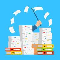 Pile of paper, document stack with carton, cardboard box, folder. Stressed employee in heap of paperwork. Busy businessman with help sign, white flag. Bureaucracy concept. Vector cartoon design