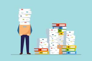 Pile of paper, busy businessman with stack of documents in carton, cardboard box, folder. Paperwork. Bureaucracy concept. Stressed employee. Vector cartoon design