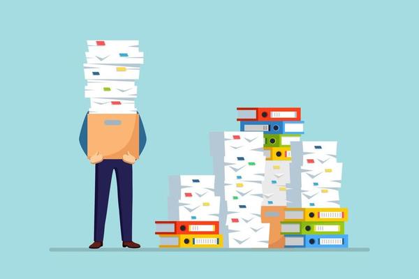 Pile of paper, busy businessman with stack of documents in carton, cardboard box, folder. Paperwork. Bureaucracy concept. Stressed employee. Vector cartoon design