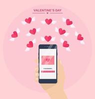 Valentine's day illustration. Send or receive love sms, letter, email with mobile phone. Human hand hold cellphone isolated on  background. Envelope, flying red heart with wings. Flat design vector