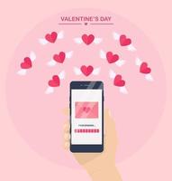 ilustración del día de san valentín. enviar o recibir sms de amor, carta, correo electrónico con teléfono móvil. mano humana sostenga el teléfono celular aislado en el fondo. sobre, volando corazón rojo con alas. diseño plano vector