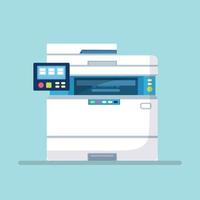 Printer, office machine. Scanner, copy, fax equipment. Multifunction device. Paperwork concept. Vector cartoon design