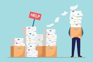 Pile of paper, busy businessman with stack of documents in carton, cardboard box, help sign. Paperwork. Bureaucracy concept. Stressed employee. Vector cartoon design