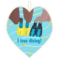 Souvenir heart on a marine theme. I love diving Male and female legs in flippers jump into the water. Yellow fish in the sea. Summer concept of recreation, tourism, diving training, sea vacation. vector