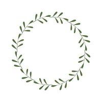 Round frame of green twigs with leaves. Design template for logo, invitation, greetings. Laconic stylish wreath. Minimalist border. Deciduous wreath. Stock vector illustration