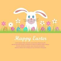 Happy easter. Poster with a white rabbit in the grass with Easter eggs. Greeting card, advertisement, hunting invitation for children. The head of a cute easter bunny. Flat cartoon vector illustration