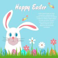 Children card, invitation to the Easter holiday, egg hunt. Vector flat illustration. White easter bunny peeps out of the grass. Painted eggs lie in grass. Joyful poster, print with a rabbit, flowers