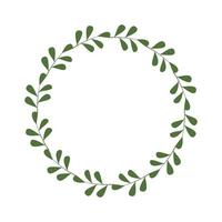 Round frame of green twigs and leaves. Design template for logo, invitation, greetings. Laconic stylish wreath. Border in a minimalist style. Vector stock illustration.