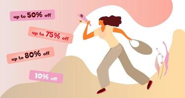 Woman with discount flyers in a hurry to shop. Vector flat illustration of female shopaholic character. Sale banner template design. Poster for big sale, special offer. Silhouette of a shopping girl.