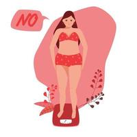 Beautiful young woman in underwear is standing on the floor scales. She gained weight. Weight loss and diet concept. Vector cartoon character of a woman. The problem of excess weight, suffering.