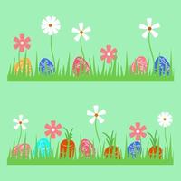 Drawing of green grass with daisies flowers. In the grass, painted Easter eggs, carrots. Template for creating cards, children's illustrations in a flat style. Set of eggs with floral patterns. Vector