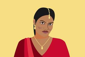 retrato de una hermosa mujer india. una joven hindú con ropa tradicional y joyas doradas. mujer en sari rojo y tika, teca en el pelo. silueta aislada sobre un fondo amarillo. vector