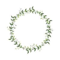 Elegant delicate wreath with green leaves and twigs with berries. Vector flat illustration. Border isolated on a white background. Laconic spring logo, symbol. Round frame with place for text.