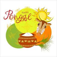 Happy Pongal vector illustration. Cartoon cow, pot of sweet rice, sun, sugarcane, rangoli. Happy Pongal written by hand. Background for Pongal and Makar Sankranti celebration. Indian Harvest Festival