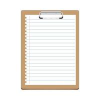 Beige clipboard with lined white sheet of notebook. White paper with lines - template for notes, checklist, questionnaire, reminders. Realistic clipboard design with metal clip and paper. Vector