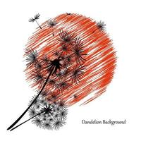 White background with two dandelions and a red sun. Black silhouette of a dandelion. Flower seeds fly to the sky. Abstract beautiful vector drawing. Summer dandelion icon with a red circle.
