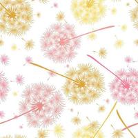Seamless pattern of flying dandelions in pink and yellow colors. Endless floral texture of delicate flowers. Vector illustration of a dandelion. Spring background