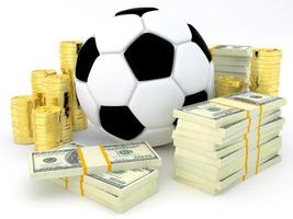 Sports betting concept - Soccer ball with banknotes and coins - 3D render