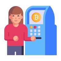 icono plano de crypto atm, chica con atm vector