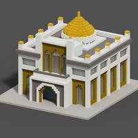 3D voxel rendering of mosque illustration with yellow, white and grey color scheme. Perfect for Islamic event and greeting card banner photo