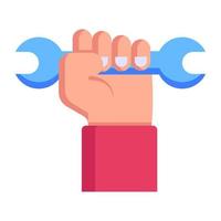Hand holding spanner, concept of maintenance flat icon vector