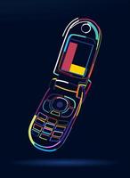 Abstract old vintage Flip Phone in retro style from multicolored paints. Colored drawing. Vector illustration of paints