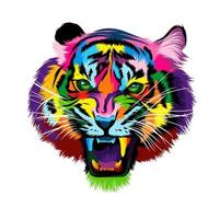 Abstract tiger head portrait, tiger grin, furious tiger from multicolored paints. Colored drawing. Vector illustration of paints