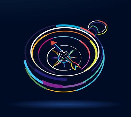 Abstract old vintage compass in retro style from multicolored paints. Colored drawing. Vector illustration of paints