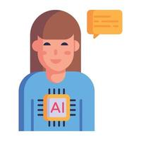 chica y microprocesador, concepto de icono plano humano artificial vector