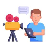 Boy standing with camcorder, concept of video chat flat icon vector