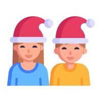 Two christmas kids with santa caps, flat icon vector