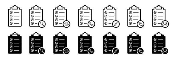conjunto de iconos de portapapeles de lista de verificación. formulario de icono de línea plana de lista de verificación de signo de calidad vector
