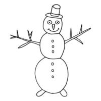 Thin line smiling doodle snowman with hat and carrot isolated on white. Black outline. vector