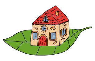 Cute doodle little gnome house on tree leaf isolated on white background. vector