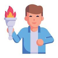 Person holding fire light, flat icon of torch-bearer