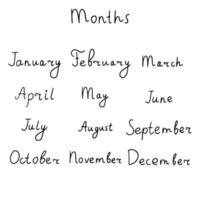 Cute hand drawn doodle text of months of the year isolated on white background. Lettering of calendar. vector