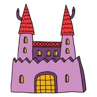 Cartoon linear doodle retro castle  with towers isolated on white background. vector