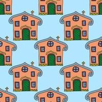 Cute fantasy cartoon doodle house, building seamless pattern. Architectural background. vector