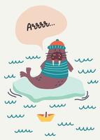 Arrrr lettering cute walrus sailor sitting on ice floe vector