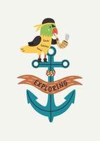 Explorer lettering. Parrot with smoking pipe sits at anchor vector