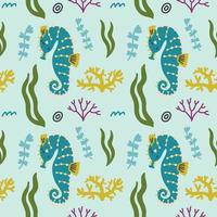 Seamless pattern seahorse coral seaweed vector