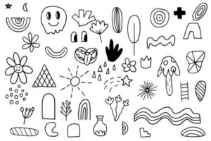 conjunto de diferentes formas de doodle boho bogemian. elementos para postal, patrón, decoración. clip art dibujado a mano hippie formas libres. plantilla de tatuaje. vector