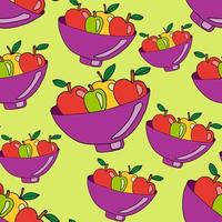 Doodle seamless pattern with fruits in the vase. Apples in the bowl background. vector