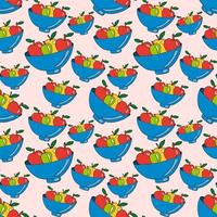 Doodle seamless pattern with fruits in the vase. Apples in the bowl background. vector